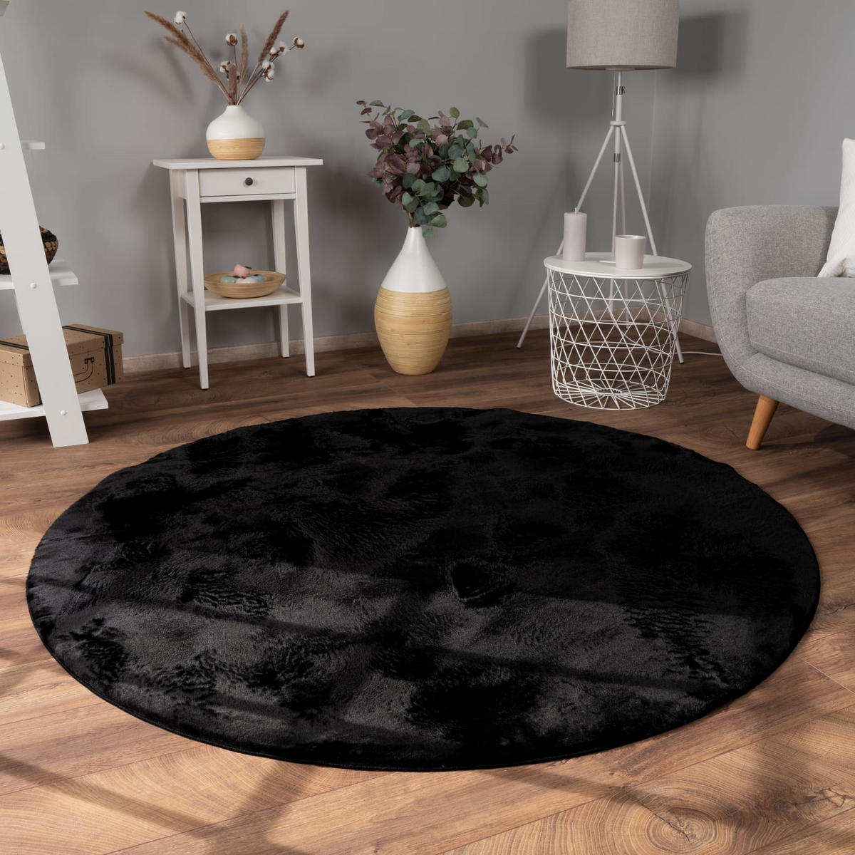 TEPPICH Kurzflor waschbar Einfarbig Wohnzimmer schmutzabweisend Schwarz Rund 100D - Schwarz, Textil (100/100cm) - KADIMA DESIGN