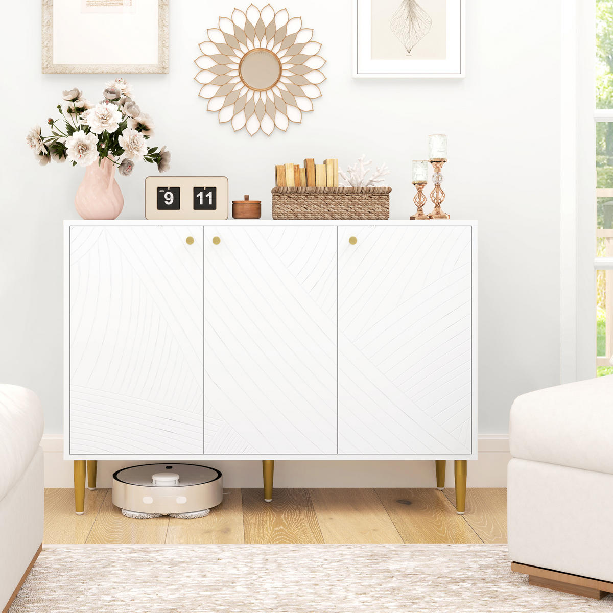 SIDEBOARD DE-11126 3 Türen mit verstellbaren Böden & Goldfüßen Weiß - Weiß, Holzwerkstoff (107/77/35cm) - ComfortXL