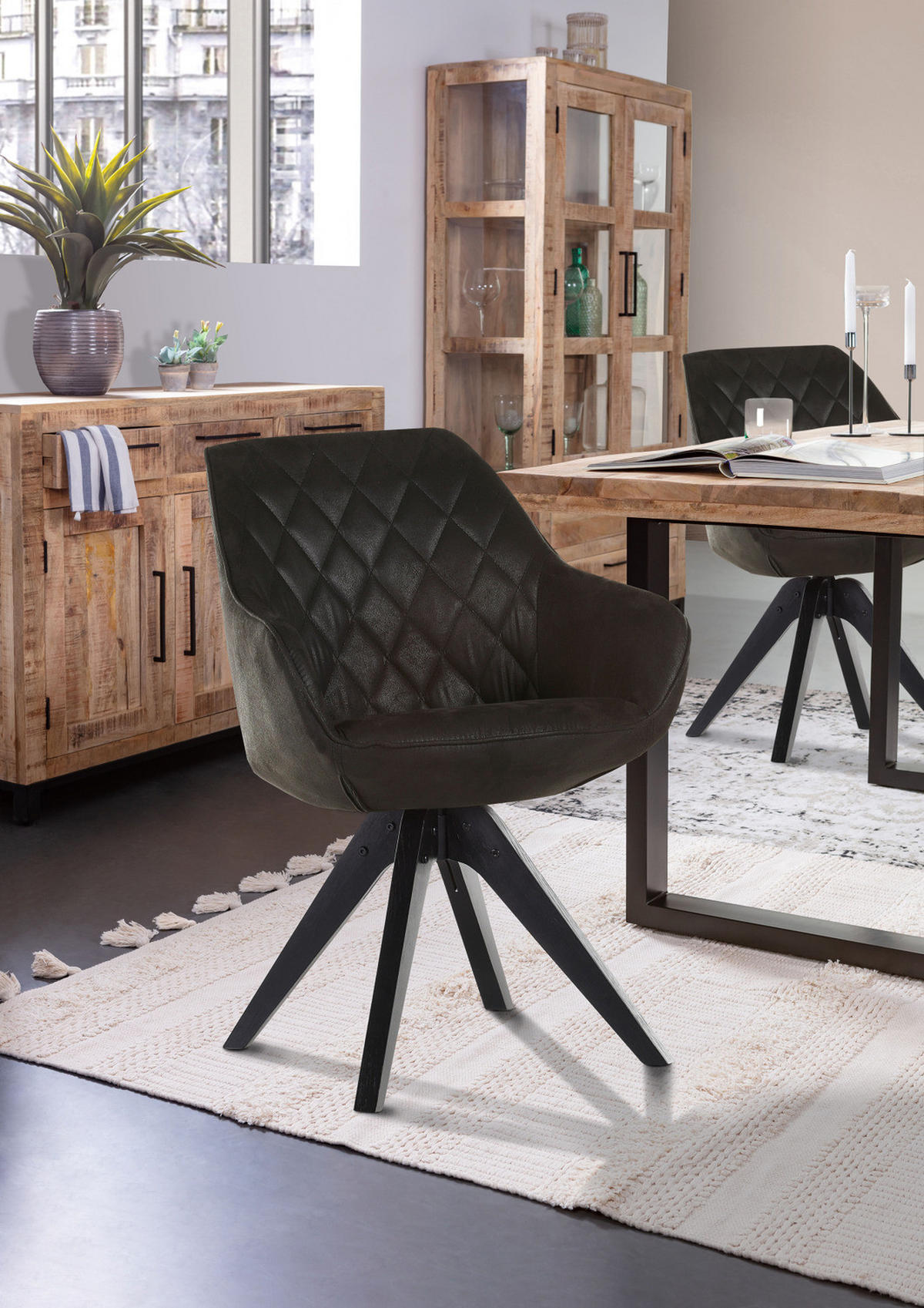 ARMLEHNENSTUHL drehbar - 2er-Set - Eiche massiv / Textil - Schwarz, Eichenholz/Holz (60/83/65cm) - home24