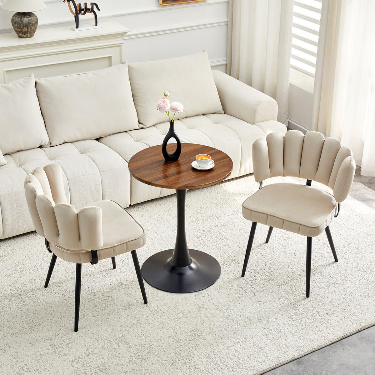 TISCHGRUPPE 3-tlg 2 Personen Runder Tisch 60cm & Samtstühle - Beige, Holzwerkstoff/Metall (73.5/21.5/76cm) - Raelunyi
