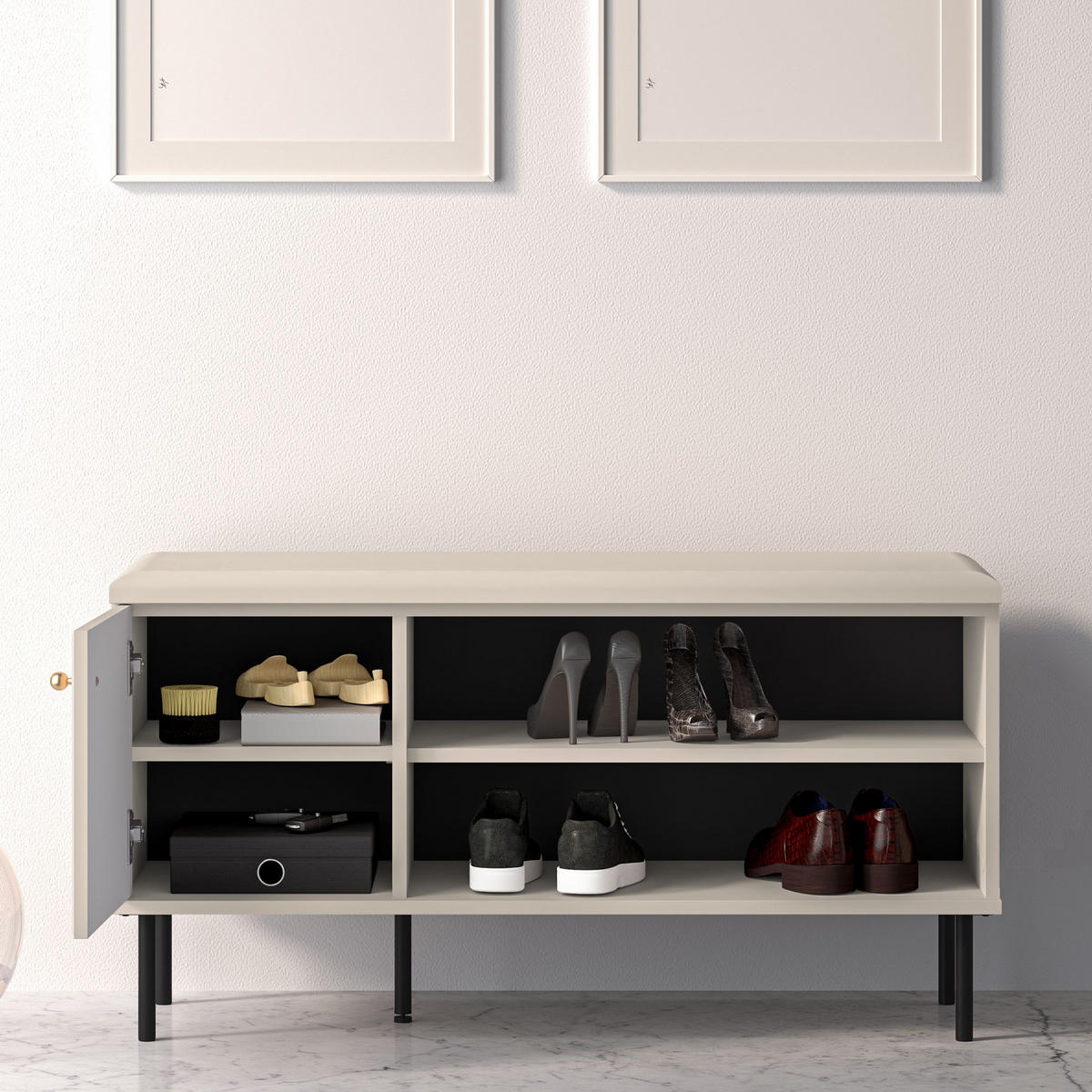 SCHUHSCHRANK Sitzender DROMA,Creme - Creme/Schwarz, Holzwerkstoff (102/55/34cm) - KONSIMO®