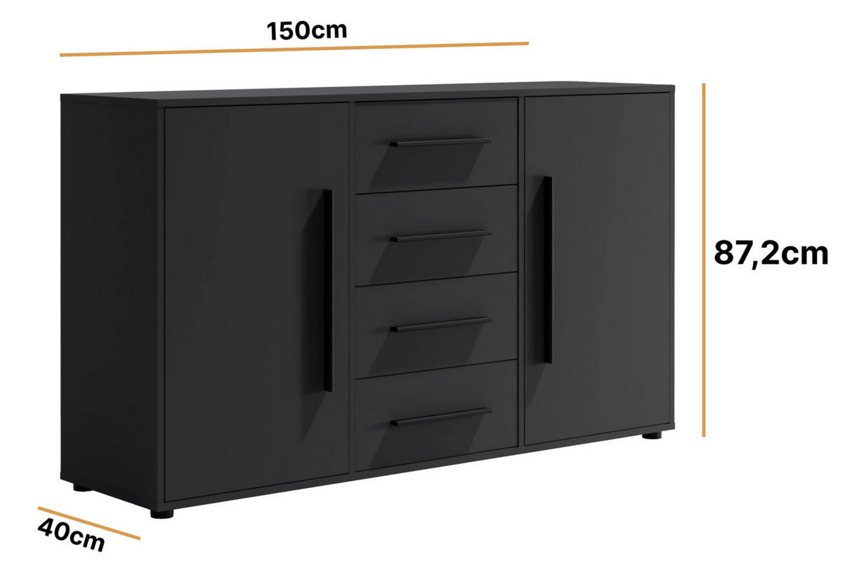 KOMMODE Modena K2D4SZ 150 cm in Schwarz mit Türen und Schubladen - Schwarz, Holzwerkstoff/Kunststoff (150/87/40cm)