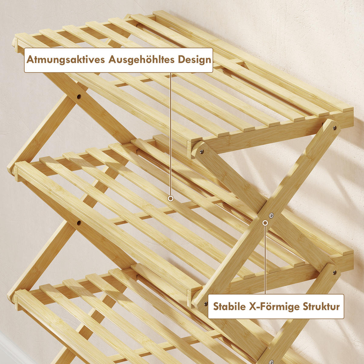 SCHUHREGAL mit 4 Ebenen Schuhablage aus Bambus für 12 Paar Schuhe Natur - Naturfarben, Naturmaterialien/Bambusholz (29/67/60cm) - HOMCOM