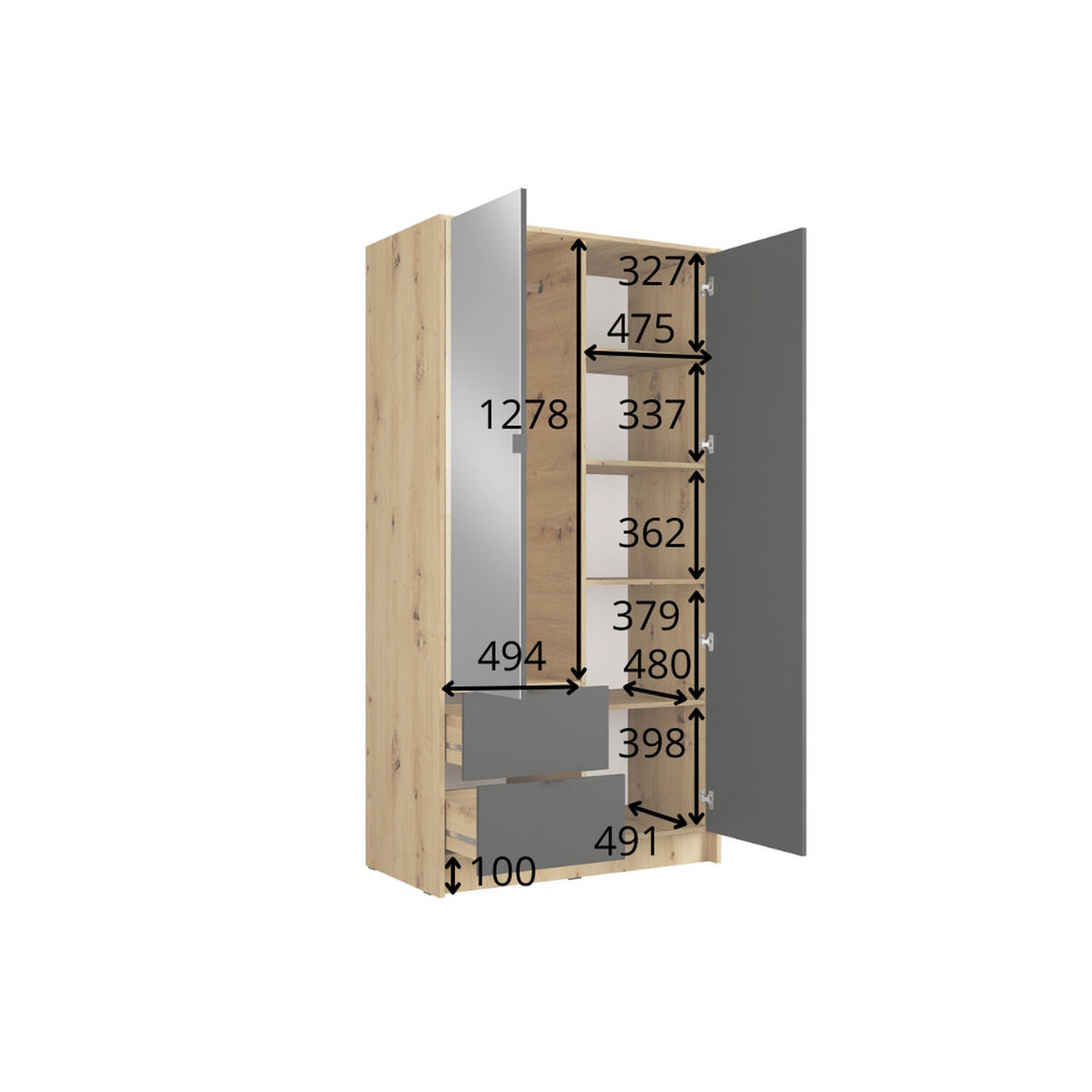 KLEIDERSCHRANK Onyx Schwarz 102/201/55 - Schwarz, Holzwerkstoff (102/201/55cm) - RAUMHIRSCH FURNITURE