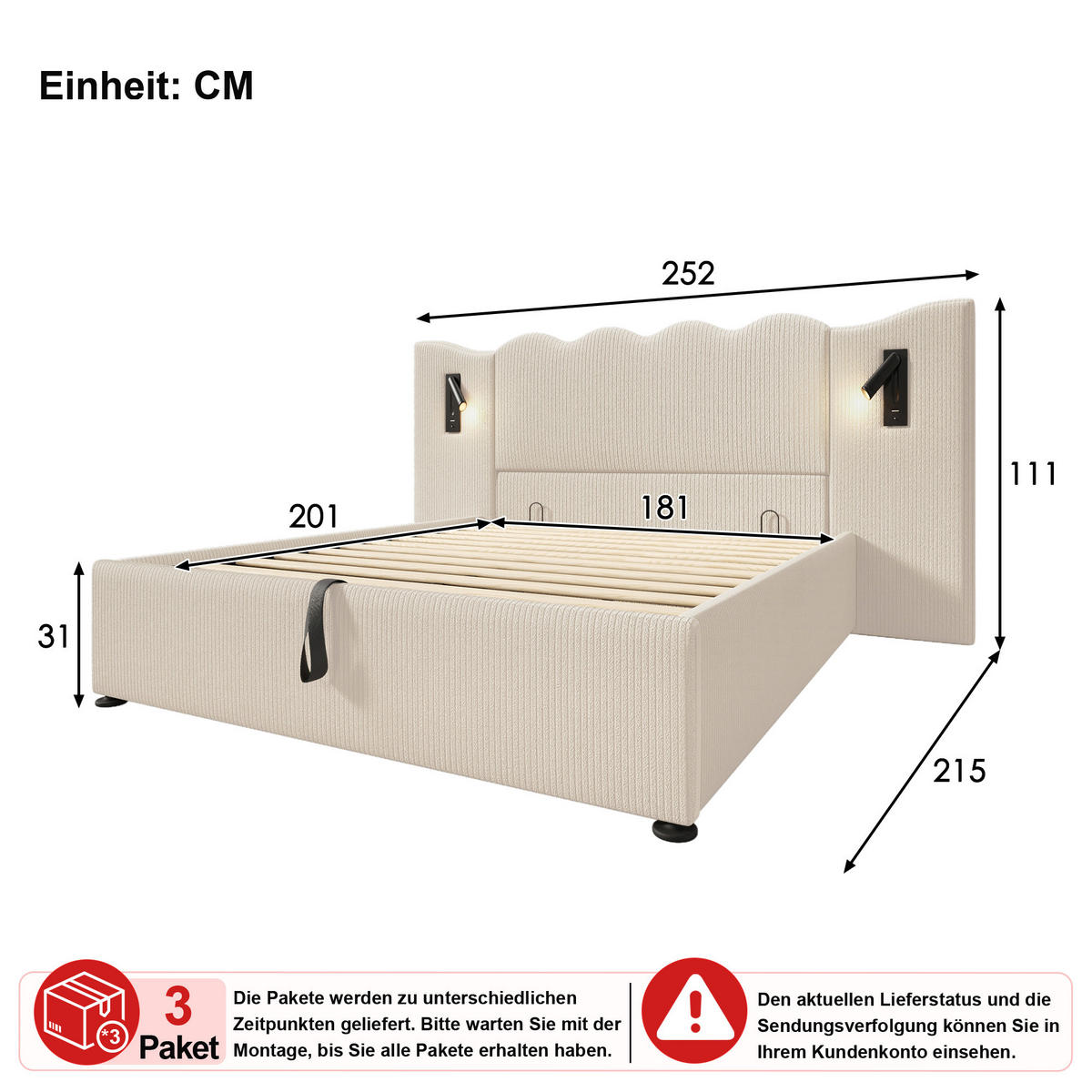 POLSTERBETT 180/200 cm in Beige Cord mit Stauraum, Leselampe und USB Type-C - Beige, Holzwerkstoff/Textil (180/200cm) - WISHDOR