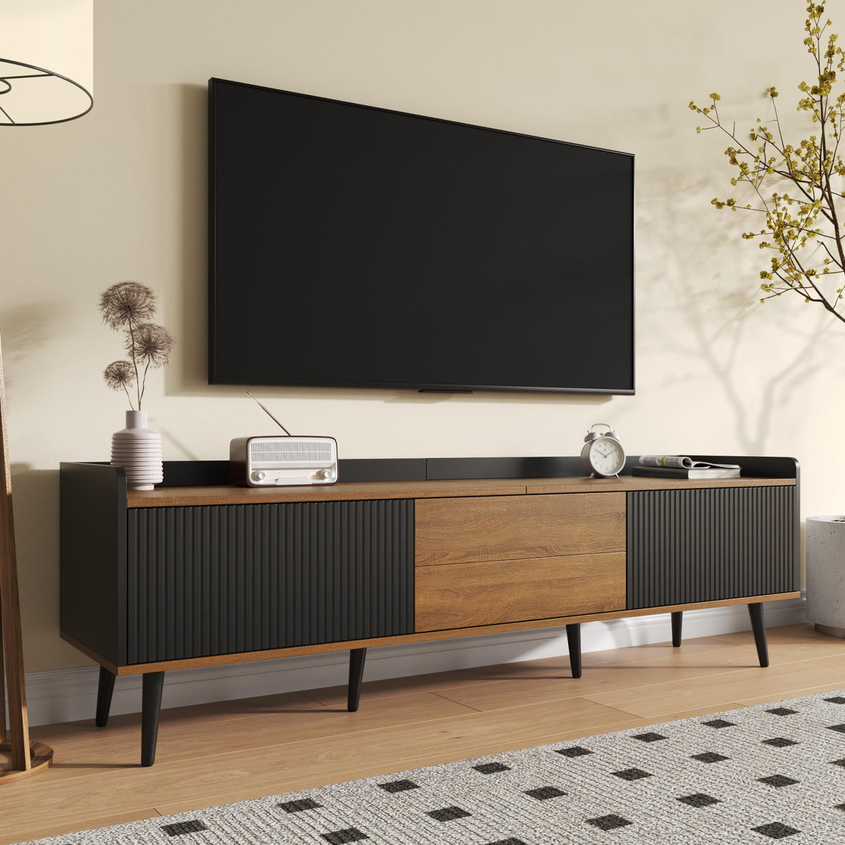 TV Lowboard 160x39x49,5 cm, 3 Türen, Schwarz Natur - Schwarz, Holz (160/49/39cm)