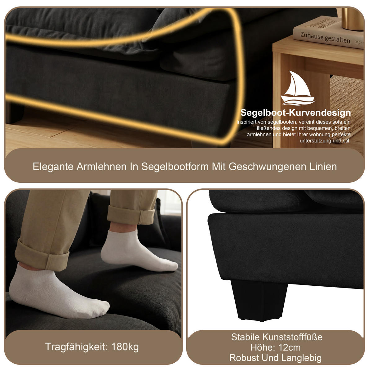ECKSOFA 224/151/90 cm schwarz aus Chenille mit USB und Stauraum - Schwarz, Textil (151/224cm) - OKWISH