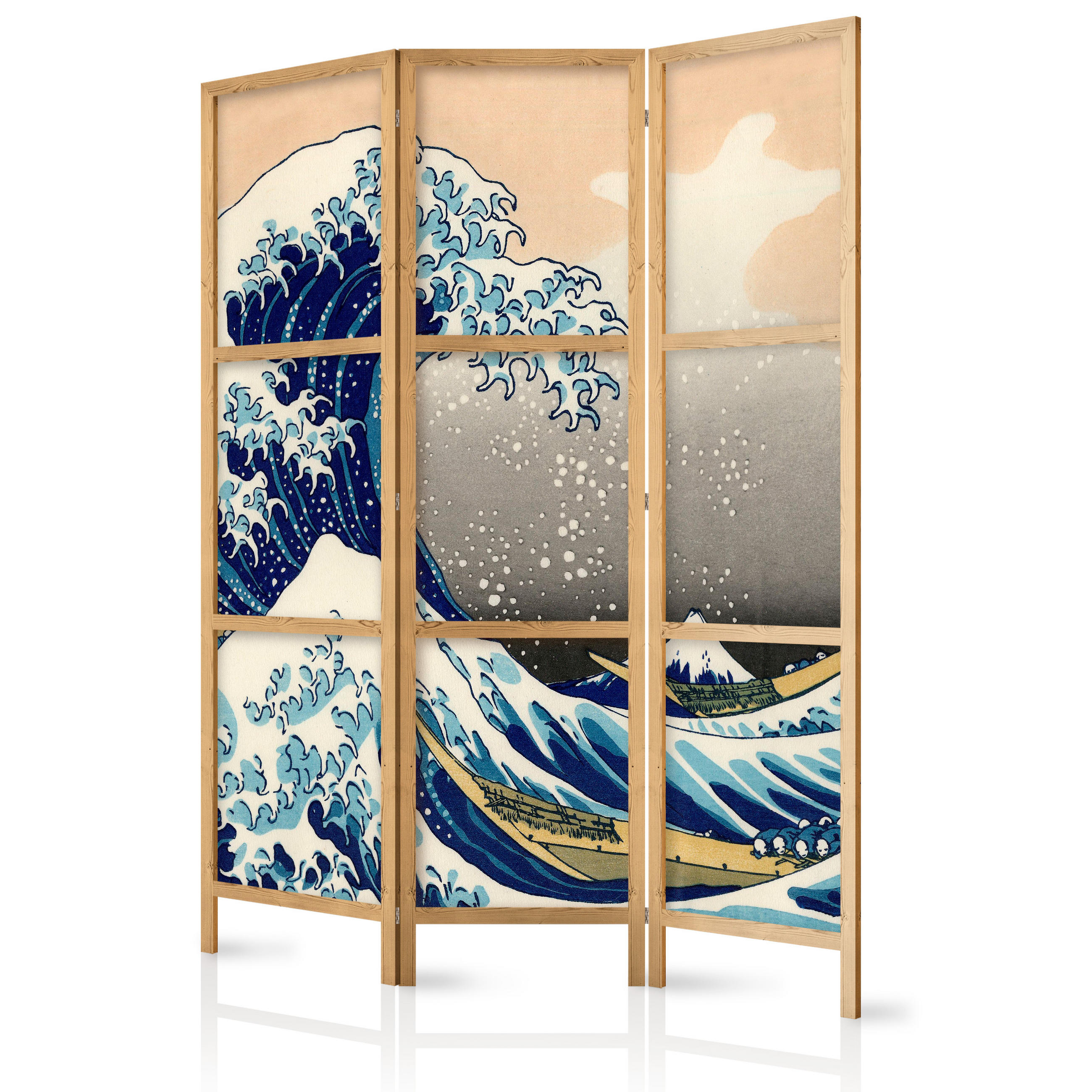 PARAVENT Japanischer 3-tlg 135x172 cm Meereswelle - Schwarz, Holz/Textil (135/172/3cm) - Muralo
