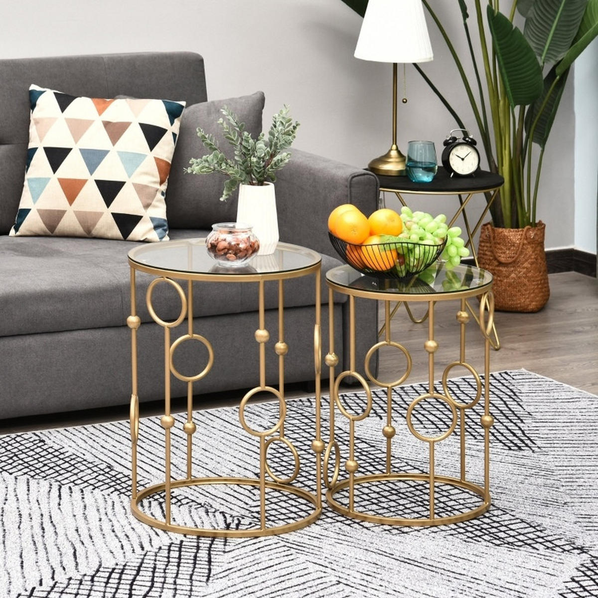 BEISTELLTISCH-SET 41/41/57 cm gold im Nesting-Design mit Glasplatte aus Metall - Goldfarben, Metall (41/41/57cm) - OKWISH