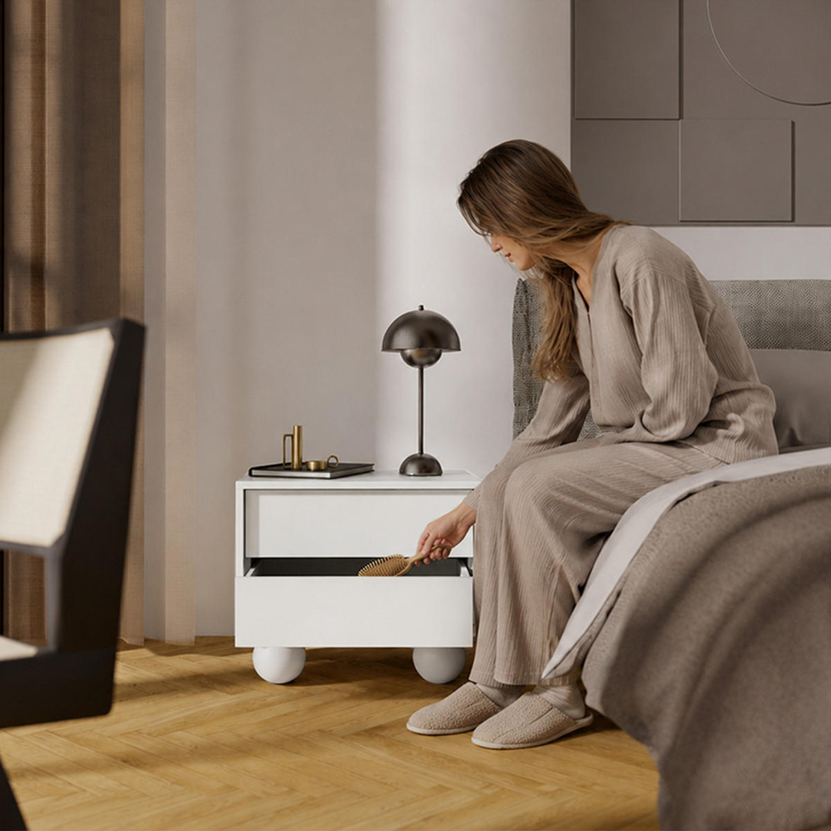 NACHTTISCH Adel mit 2 Schubladen und runden Füßen, 54 cm, Griffloss, Weiß - Weiß, Holzwerkstoff (54/35/38cm) - Beautysofa