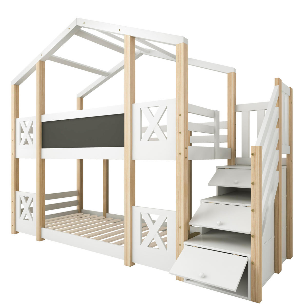 ETAGENBETT 90/200 cm mit Treppe, Stauraum, Tafel und Rausfallschutz, Weiß/Natur - Weiß, Holzwerkstoff - Redom