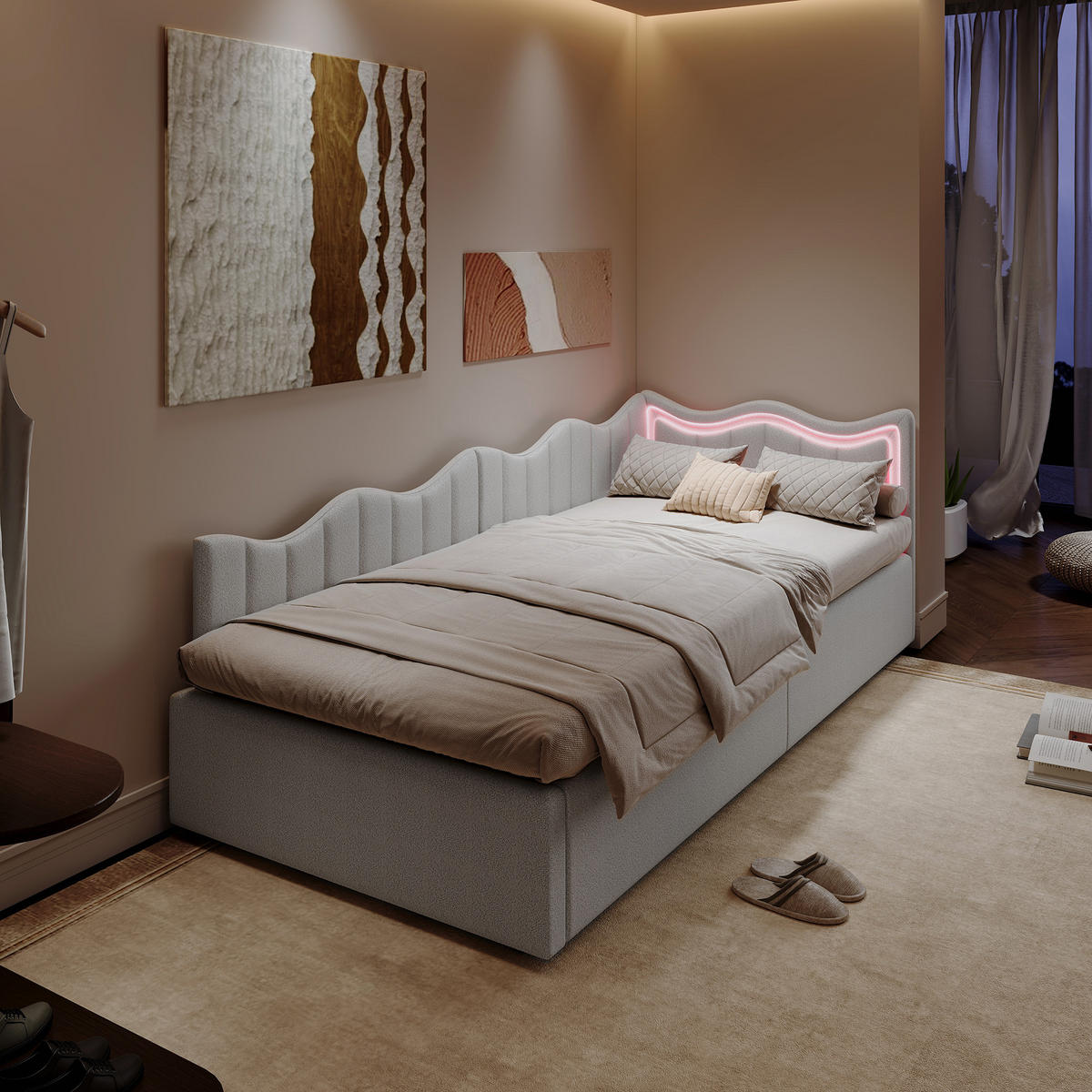 KINDERBETT 90×200 cm Bouclé-Stoff Weiß – Bett mit LED-Beleuchtung - Weiß, Holz
