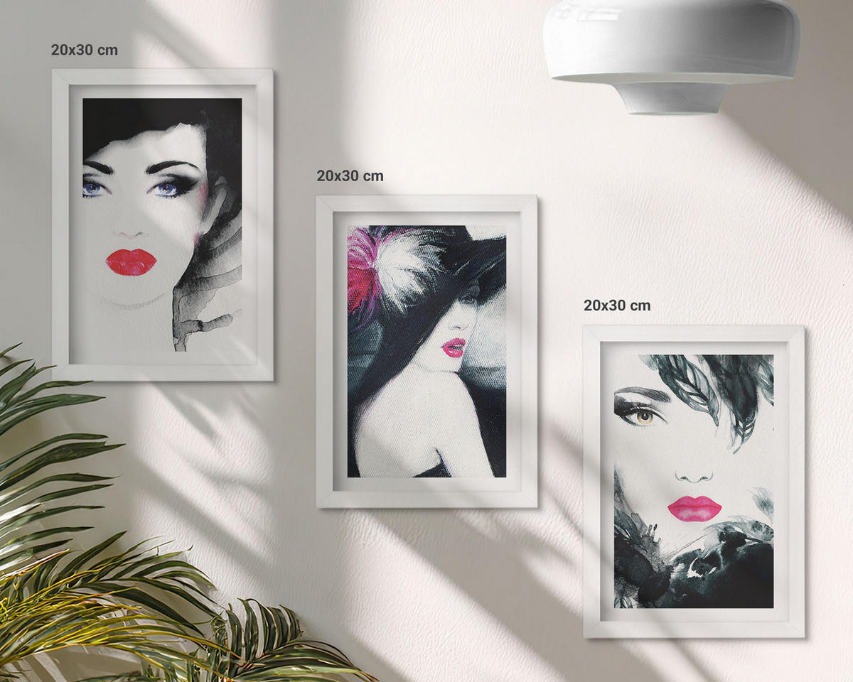 WANDBILDER 3er-Set - 20x30 cm Weißer Rahmen - Porträts von Frauen mit Lippen - Weiß, Kunststoff (20/30cm) - ArtPrintCave