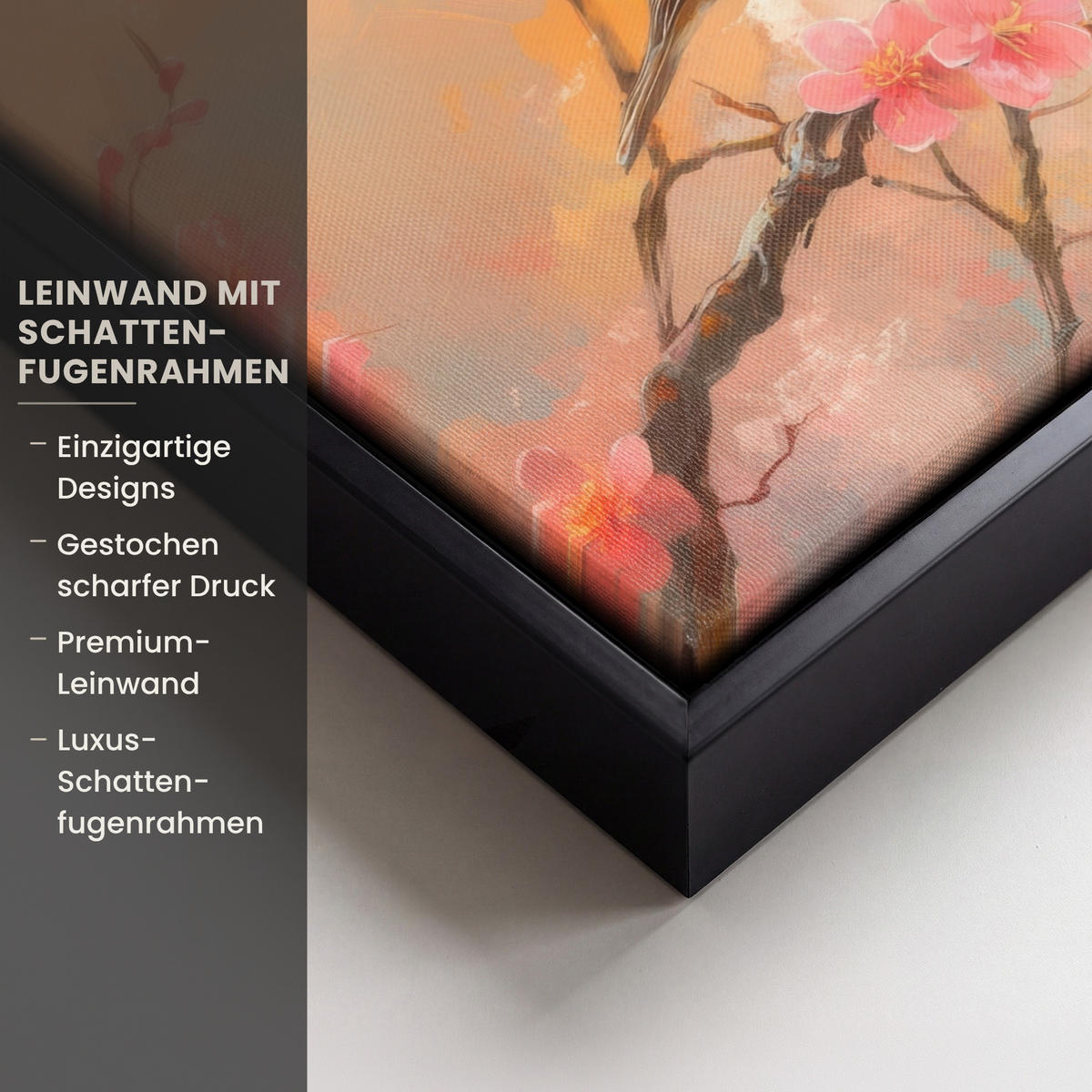 LEINWAND Bilder mit Rahmen - Rotkehlchen - Zierpflanze - Blütenzweig - 30x20 - Hellrosa, Textil (30/20cm) - MuchoWow