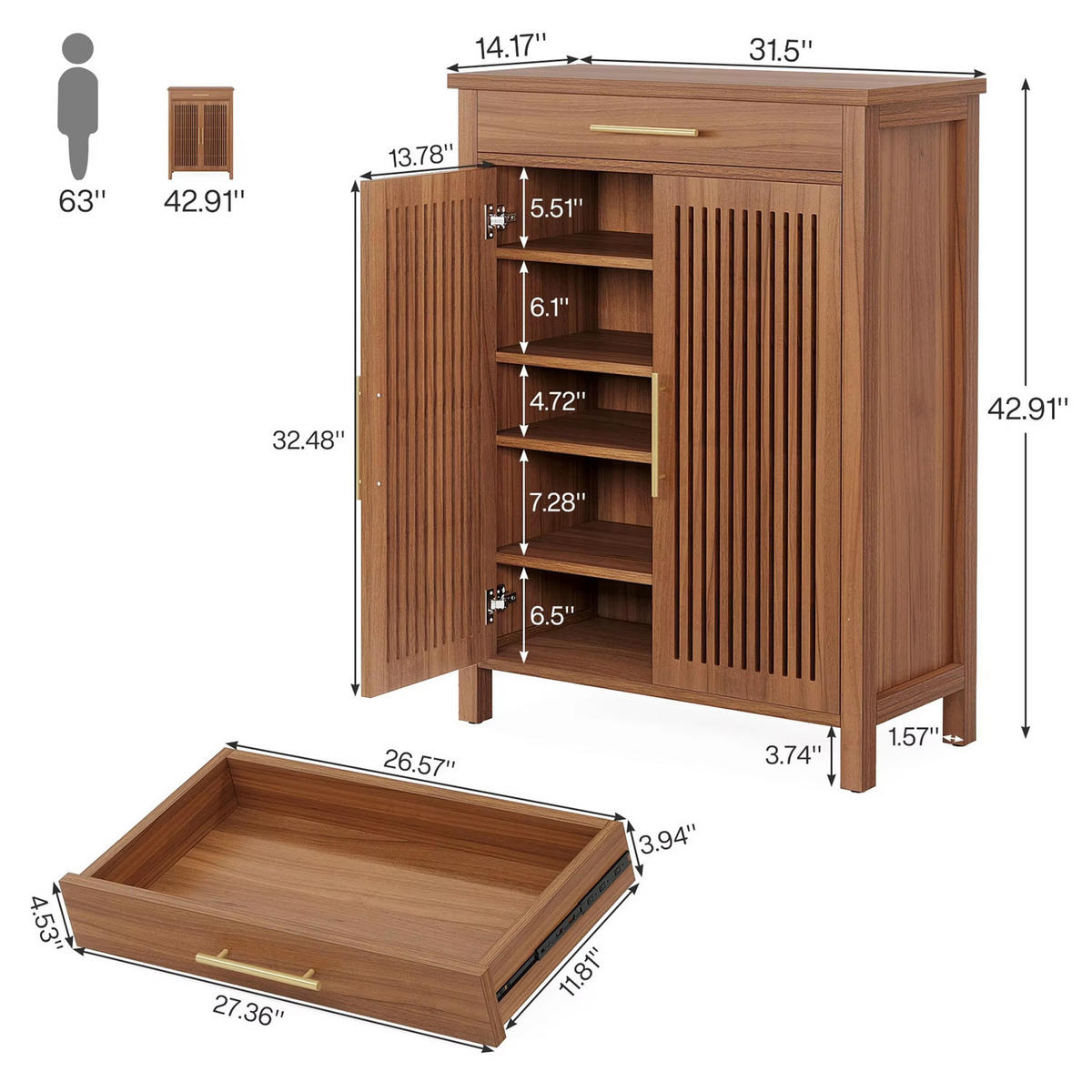 SCHUHSCHRANK mit Schublade & Lamellentüren - Braun, Holz (80/109/36cm) - Kaket
