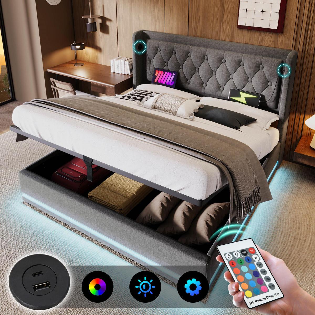 POLSTERBETT 160/200 cm mit hydraulischem Bettkasten, USB/Typ-C im Kopfteil & 3-seitiger LED,Grau - Grau, Textil (160/200cm) - Redom