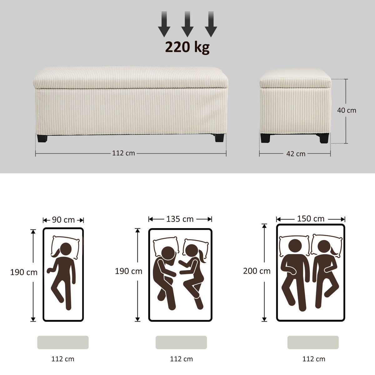 TRUHENBANK DE-07140 Cord-Design, Stahlrahmen, bis 220 kg Beige - Beige, Textil/Metall (42/40/112cm) - ComfortXL