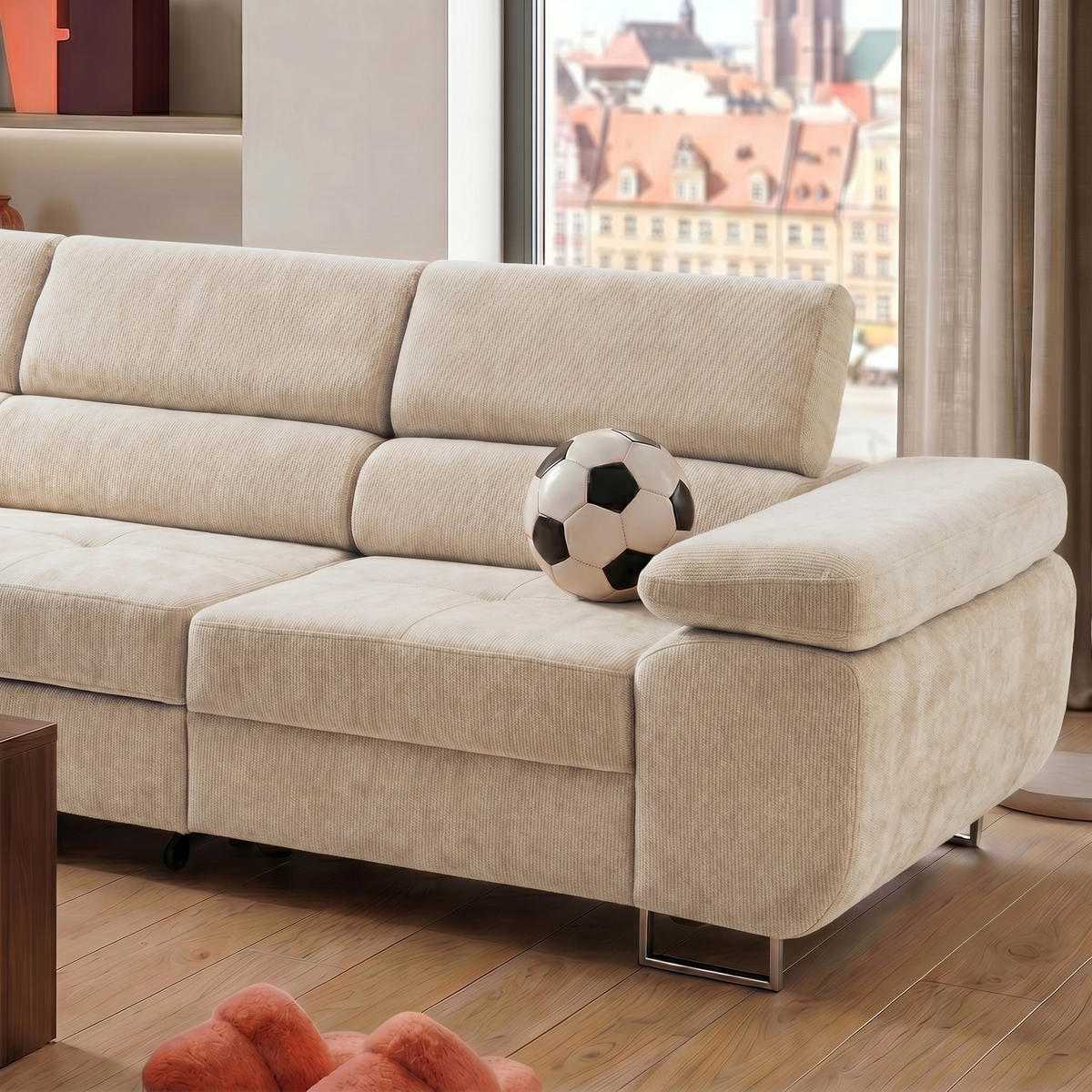 ECKSOFA WILD MAXI L Links mit Schlaffunktion 125x195 Chenille Beige - Chromfarben/Beige, Holz/Textil (350/203cm) - Muffo
