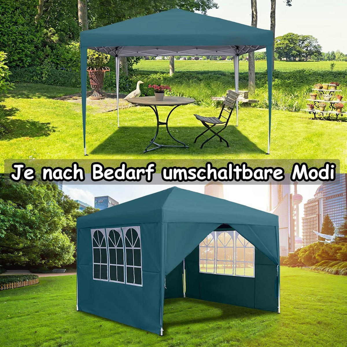 FALTPAVILLON 3x3m mit Seitenteilen und Fenstern Grün - Petrol, Textil (300/260/300cm)