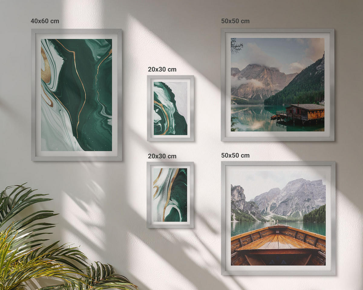BILDER SET 5er Set - 50x50 cm & 20x30 cm & 40x60 cm Silberner Rahmen - Abstrakte Muster von Sukkulentenblättern - Silberfarben, Kunststoff (40/60cm) - TULUP
