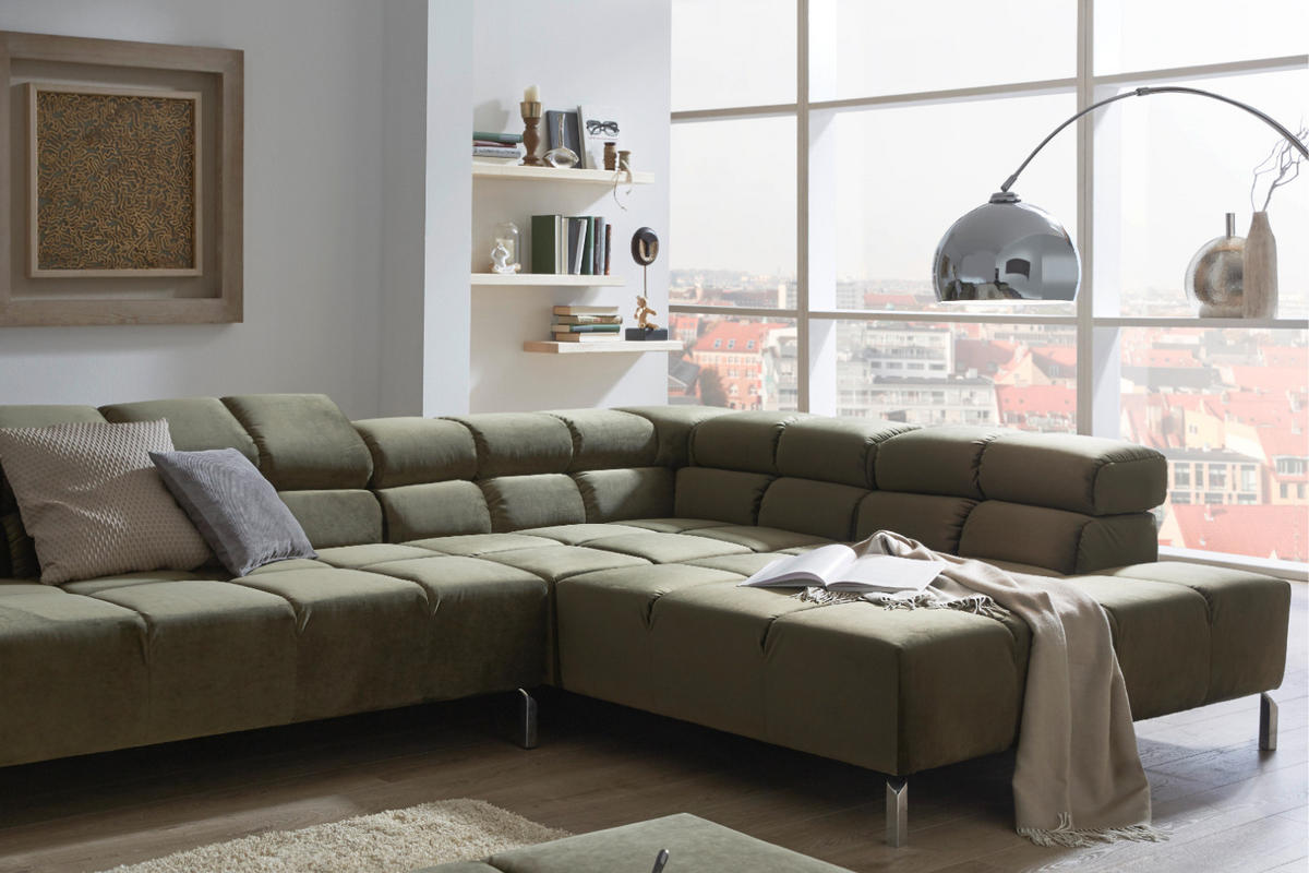 ECKSOFA MIT MOTORISCHEM SITZVORZUG NELSON Dunkelgrün Velvet Relaxfunktion - Dunkelgrün/Silberfarben, Textil (321/216cm) - KAWOLA