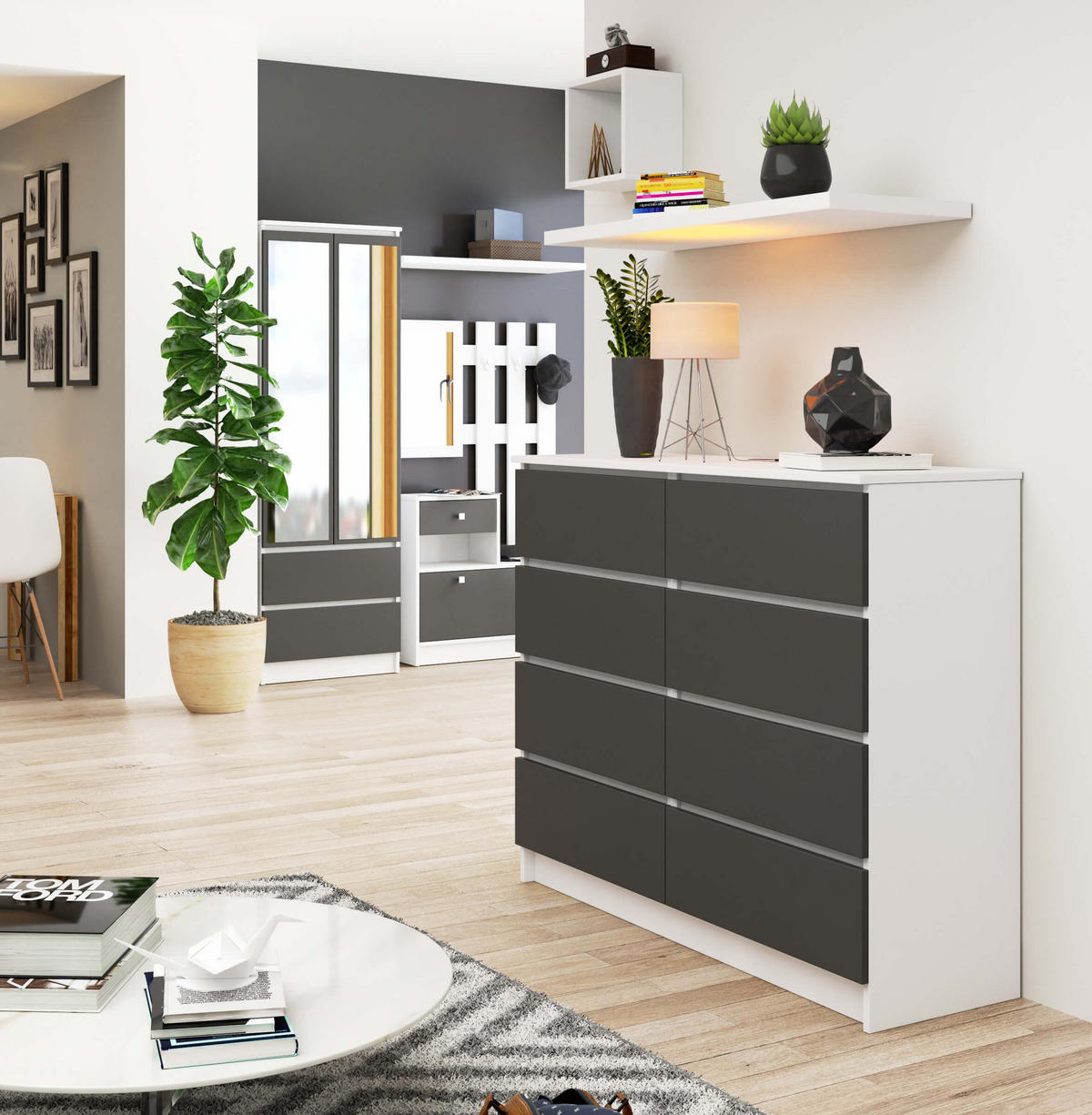 KOMMODE Weiß, Graphit Grau 99/120/40 - Weiß, Holzwerkstoff (120/99/40cm) - RAUMHIRSCH FURNITURE