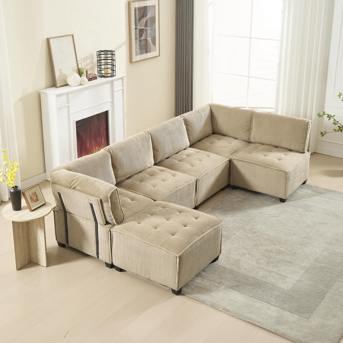 ECKSOFA 308/154/82 cm Khaki mit Stauraumtaschen und Fußbank - Sandfarben, Textil (308/154cm) - Oxeza