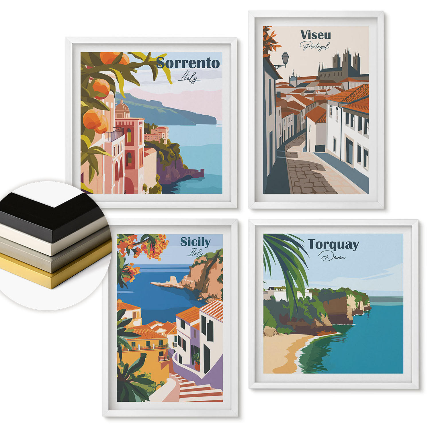 WANDBILDER 4er-Set - 50x50 cm & 40x60 cm Weißer Rahmen - Retro-Illustrationen von Weltstädten - Weiß, Kunststoff (50/50cm) - ArtPrintCave