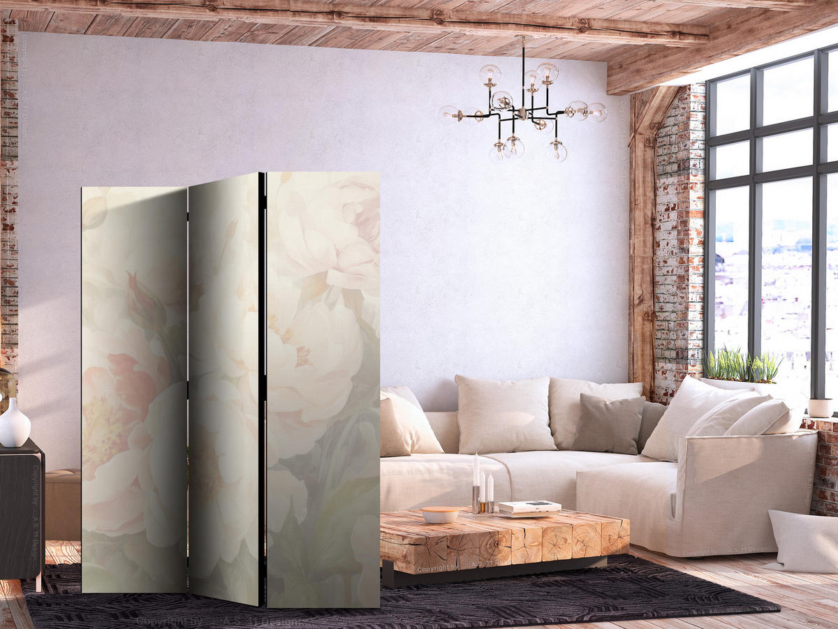 PARAVENT Akustik 3-tlg 135x172 cm Pfingstrosen Blumen - Creme, Holz/Textil (135/172/3cm) - Muralo