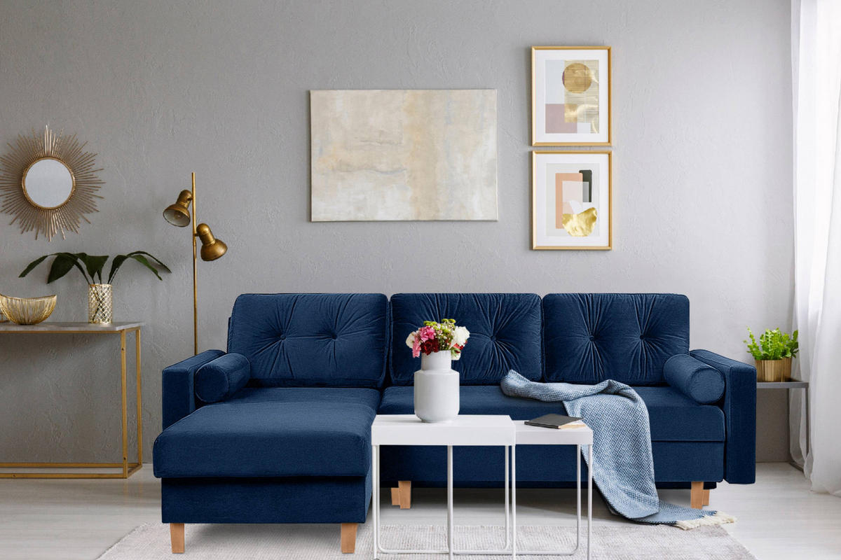 ECKSCHLAFSOFA ERISO 3/4 Sitzer und Universalecke mit Ottoman, Velour-Stoff, marineblau - Blau/Braun, Textil (240/183cm) - KONSIMO®