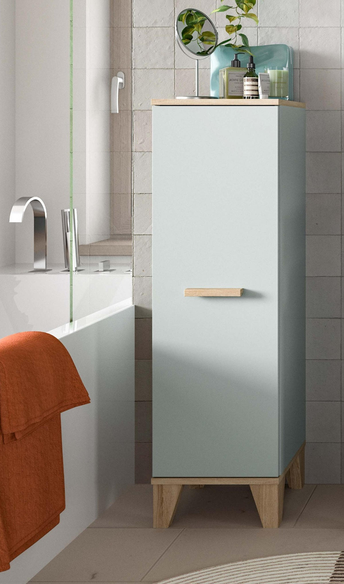 MIDISCHRANK grün, Eiche 34 x 116 cm, Bad Kommode skandinavisches Design - Eichefarben/Grün, Holzwerkstoff (34/116/31cm) - Inn.Furn