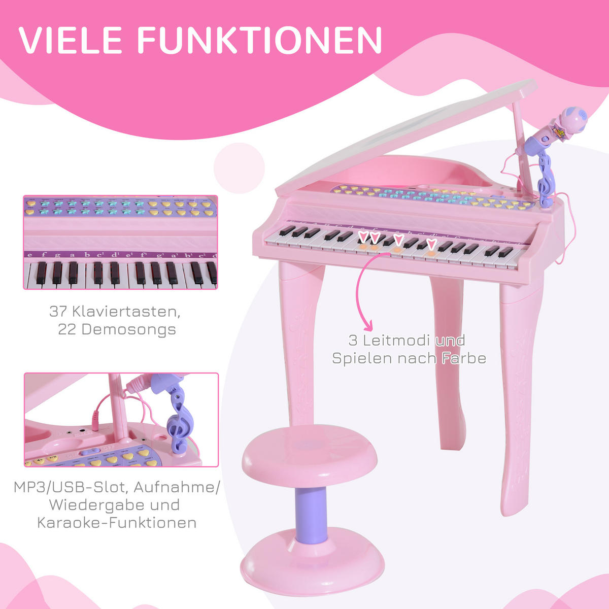 KINDER Klavier Piano - Rosa, Kunststoff (39/69/48cm) - HOMCOM