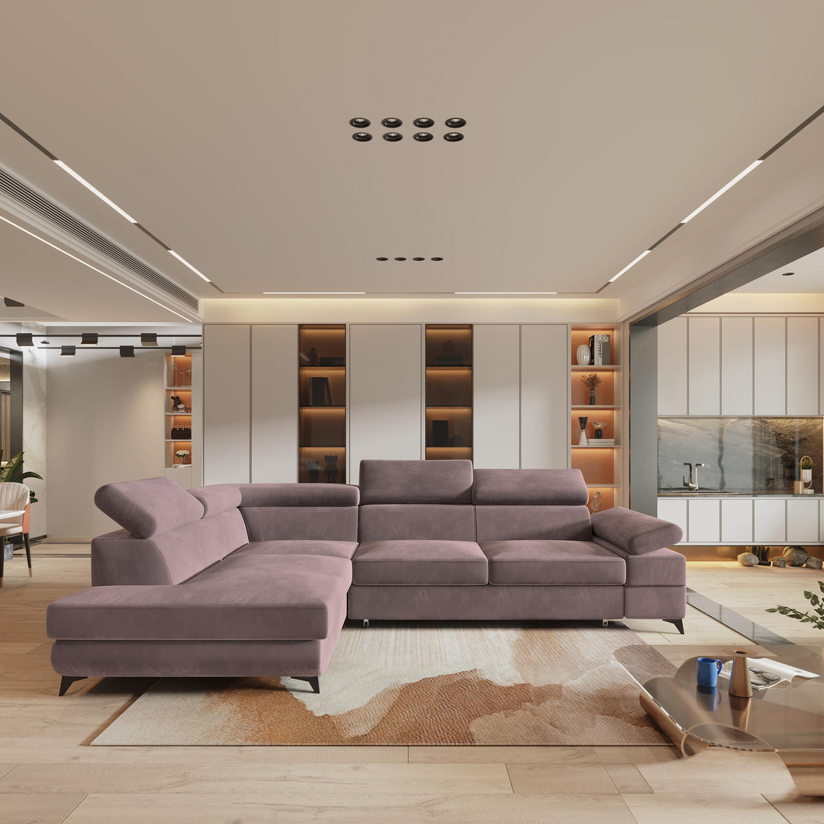 ECKSOFA FAVIEN L-S Lila Velours-Stoff mit Schlaffunktion - Lila, Holz (257/190cm) - MASSENO