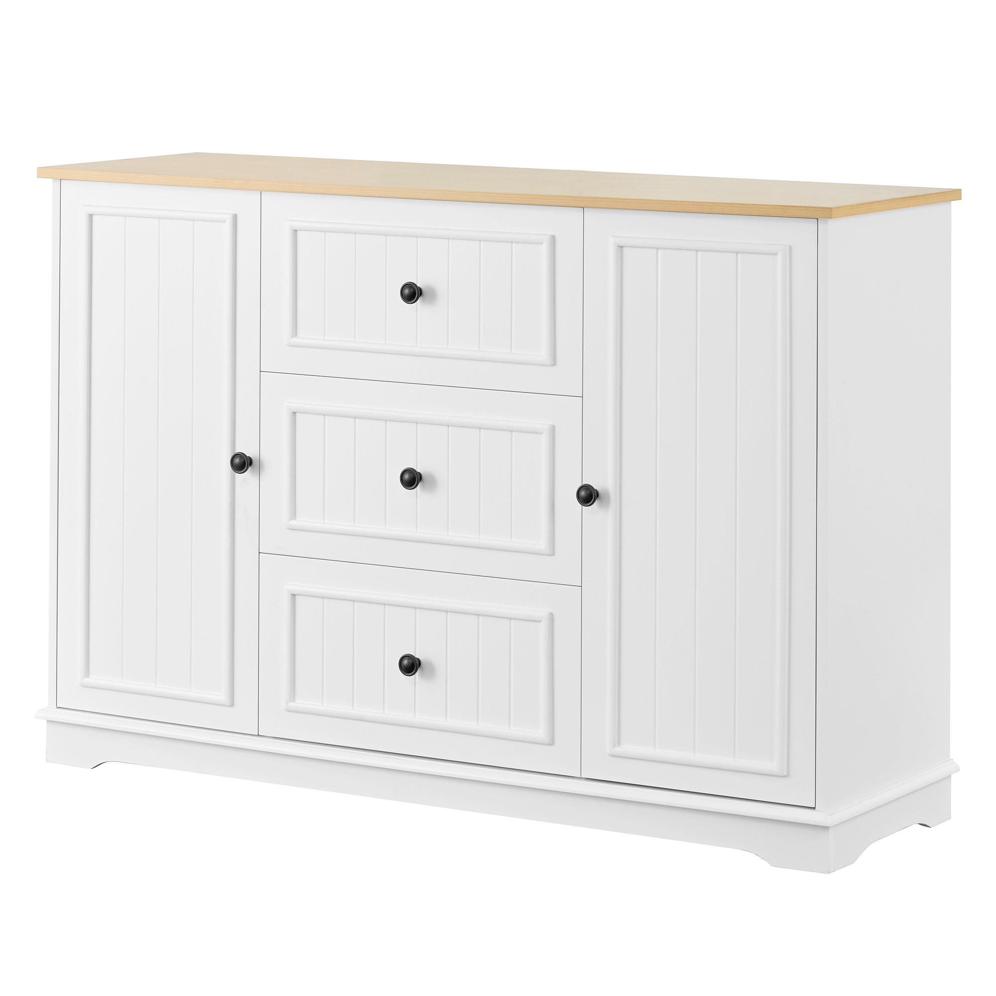 SIDEBOARD 126×40×86 cm aus MDF mit hellholzfarbener Tischplatte & geschwungener Sockelleiste, weiß - Weiß, Holzwerkstoff (40/86/126cm) - Luhomfu