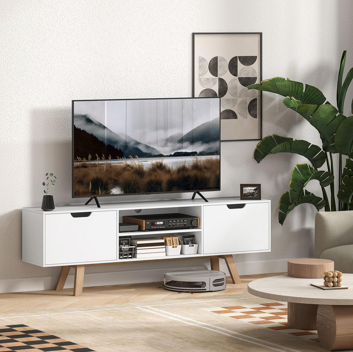 TV-SCHRANK aus Spanplatte 150x39x50 cm Weiß mit Kabelführung, 2 Schränken und offenen Regalfächern - Weiß, Holzwerkstoff (150/50/39cm) - Modfu