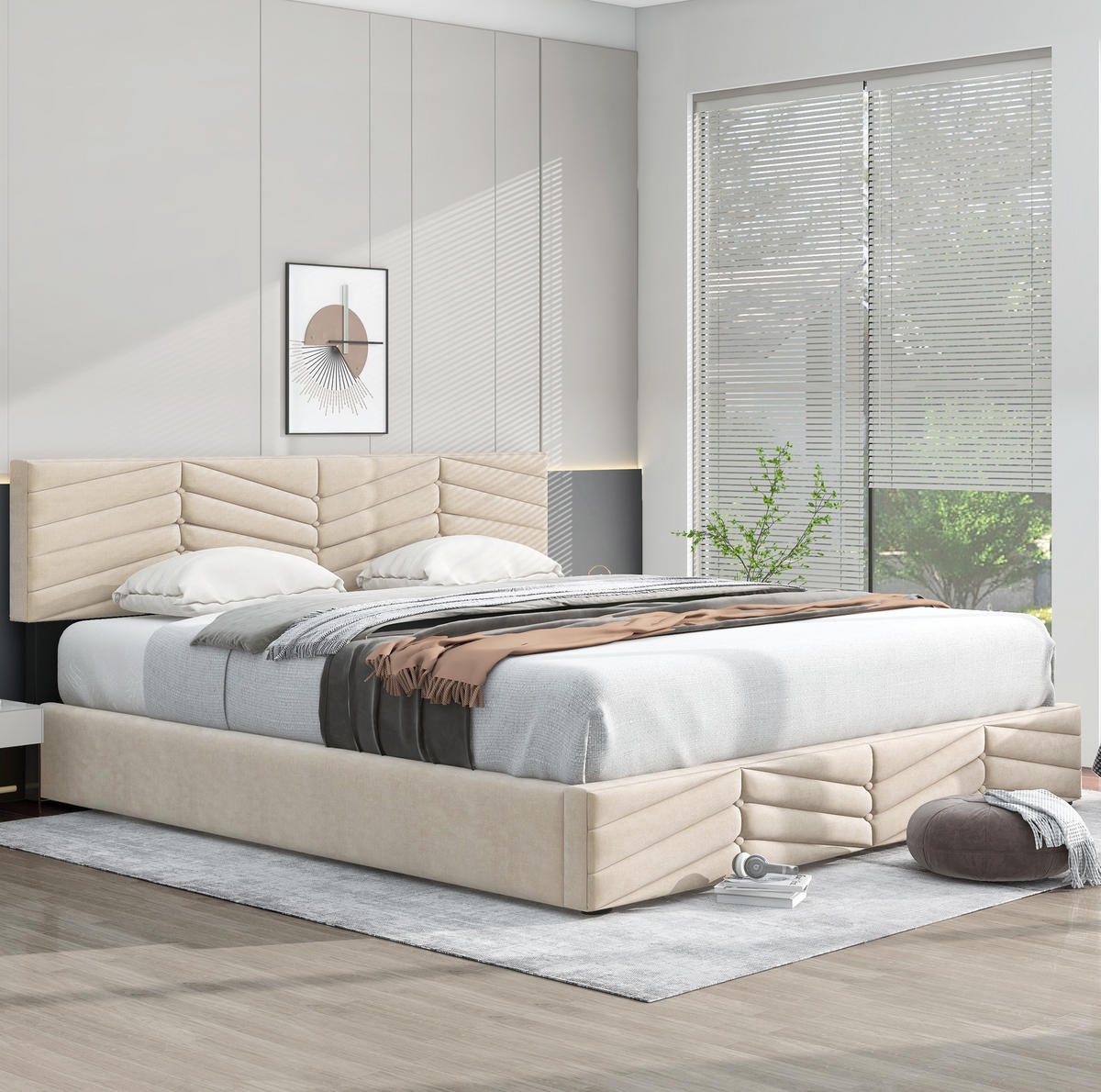 POLSTERBETT 160/200 cm beige mit hydraulischem Bettkasten und höhenverstellbarem Kopfteil - Beige, Textil (160/200cm) - OKWISH