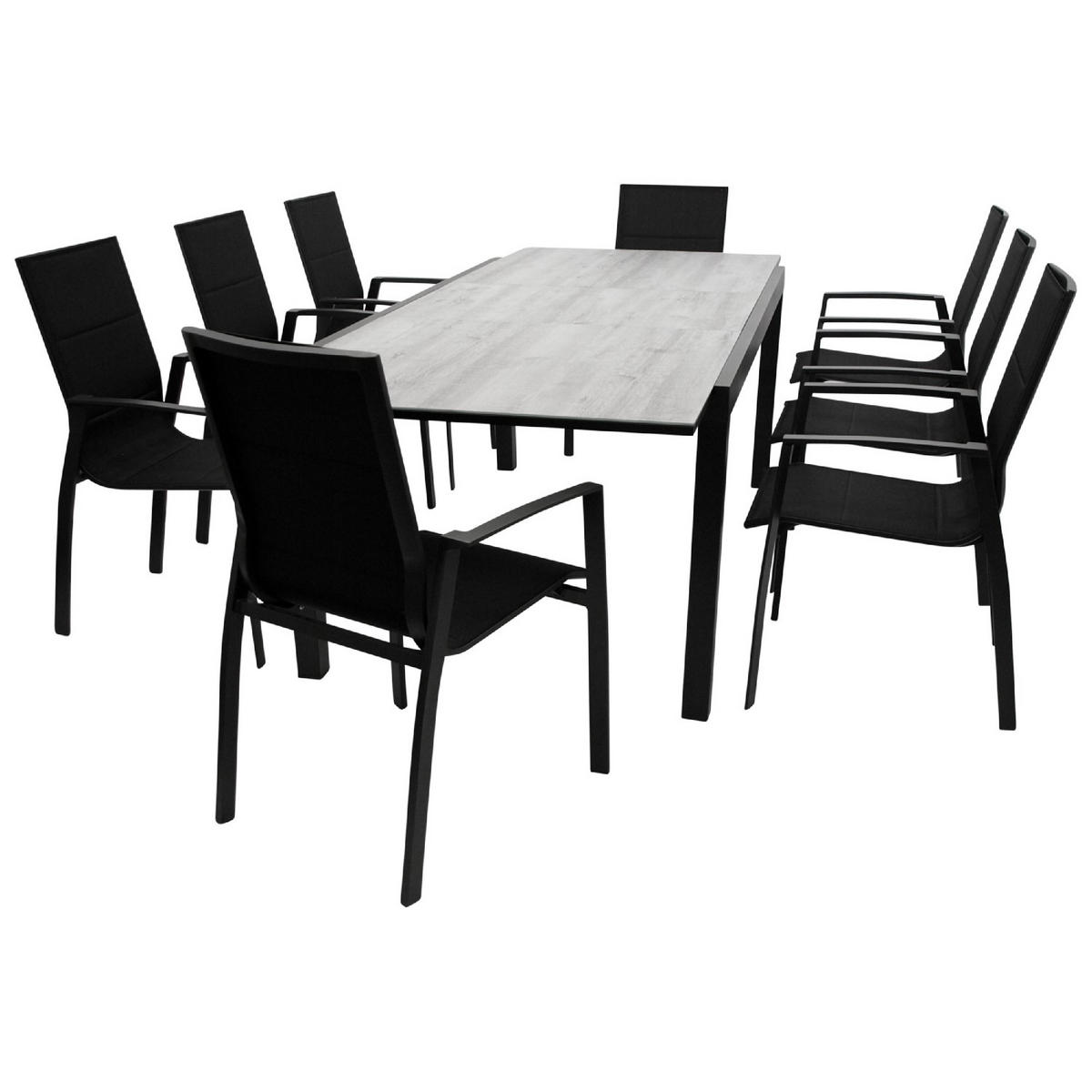 GARTEN-GARNITUR Ashford - 9-teilige Garten-Essgruppe (8x Stapelsessel mit Armlehnen, 1x Ausziehtisch 180/240x100cm), Gestell Aluminium - Schwarz, Metall - TPFGarden