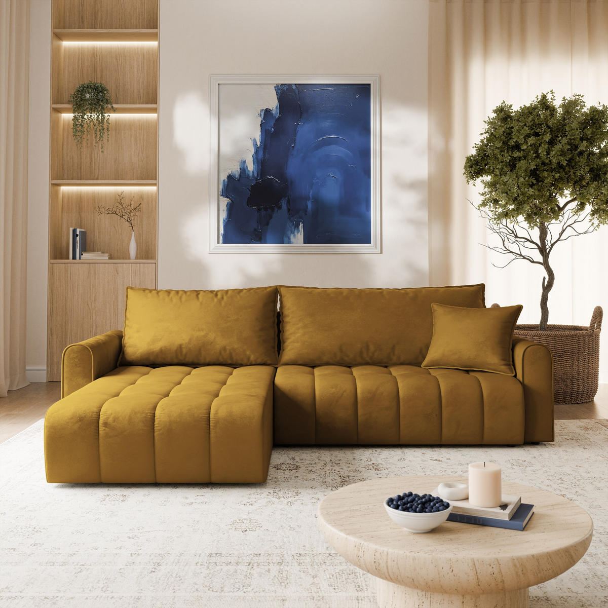 ECKSOFA FRIGA Gelb Velours-Stoff mit Schlaffunktion - Gelb, Holz (283/185cm) - MASSENO