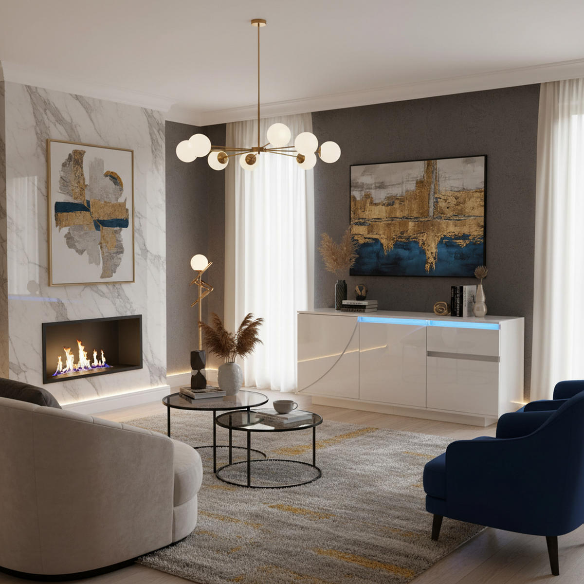 SIDEBOARD Weiß Hochglanz mit LED & 3 Türen 1 Schublade 140×40×60 cm - Weiß, Holzwerkstoff (140/60/40cm) - Urban Meuble