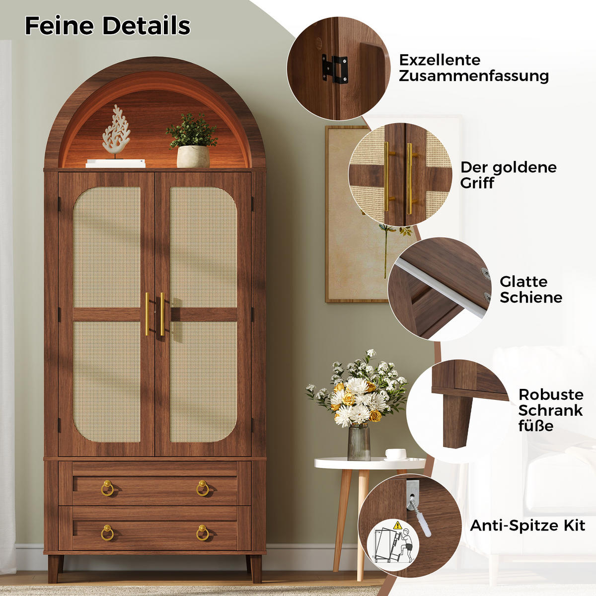 HOCHSCHRANK Nussbaum Bogen-Design mit Rattan-Türen, APP-LED & 2 Schubladen - Walnussfarben, Holzwerkstoff (76/179.5/40cm) - Urban Meuble