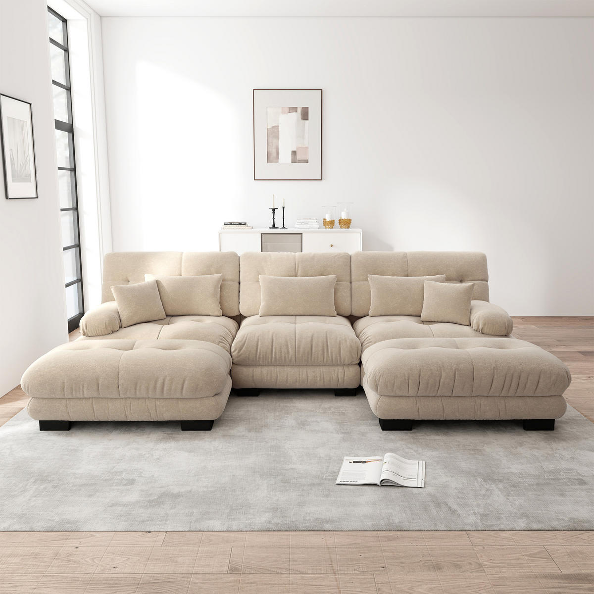 WOHNLANDSCHAFT Chenille Hellbraun mit Ottomans - Hellbraun, Textil (313/81/145cm) - WISHDOR