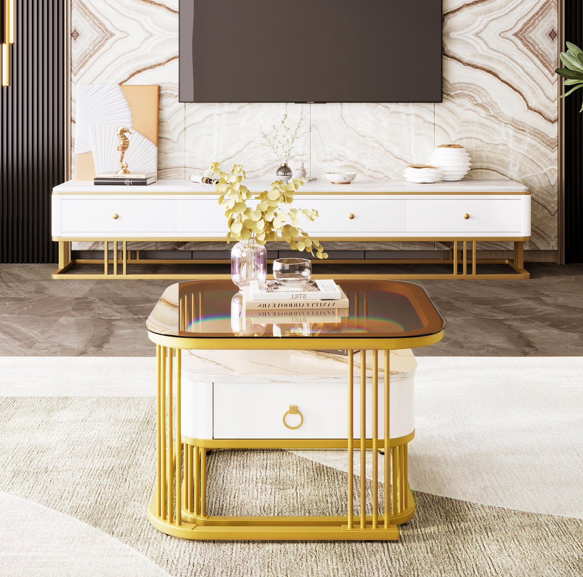 COUCHTISCH-SET, MDF Hochglanz-Marmoroptik, Goldakzente, mit Schublade, 60/60/42,5 + 50/50/34 cm, Weiß und Gold und Teebraun - Braun, Holzwerkstoff (60/60/42.5cm) - Redom