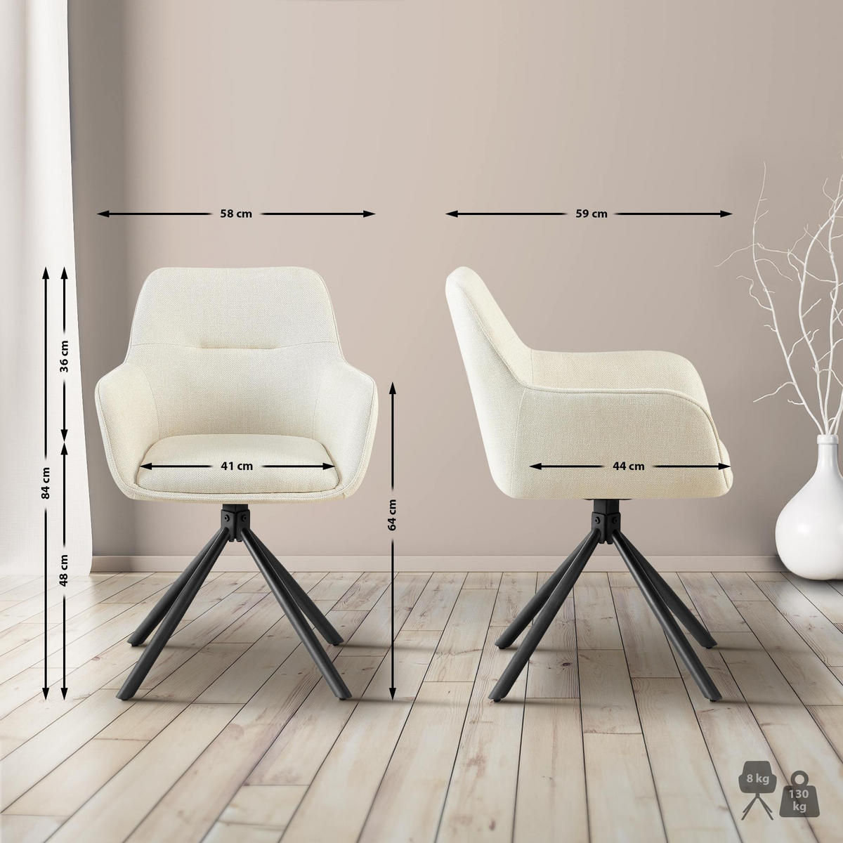 ARMLEHNENSTUHL 2er Set Stoff Creme - Creme/Schwarz, Textil/Metall (58/84/59cm) - CLP