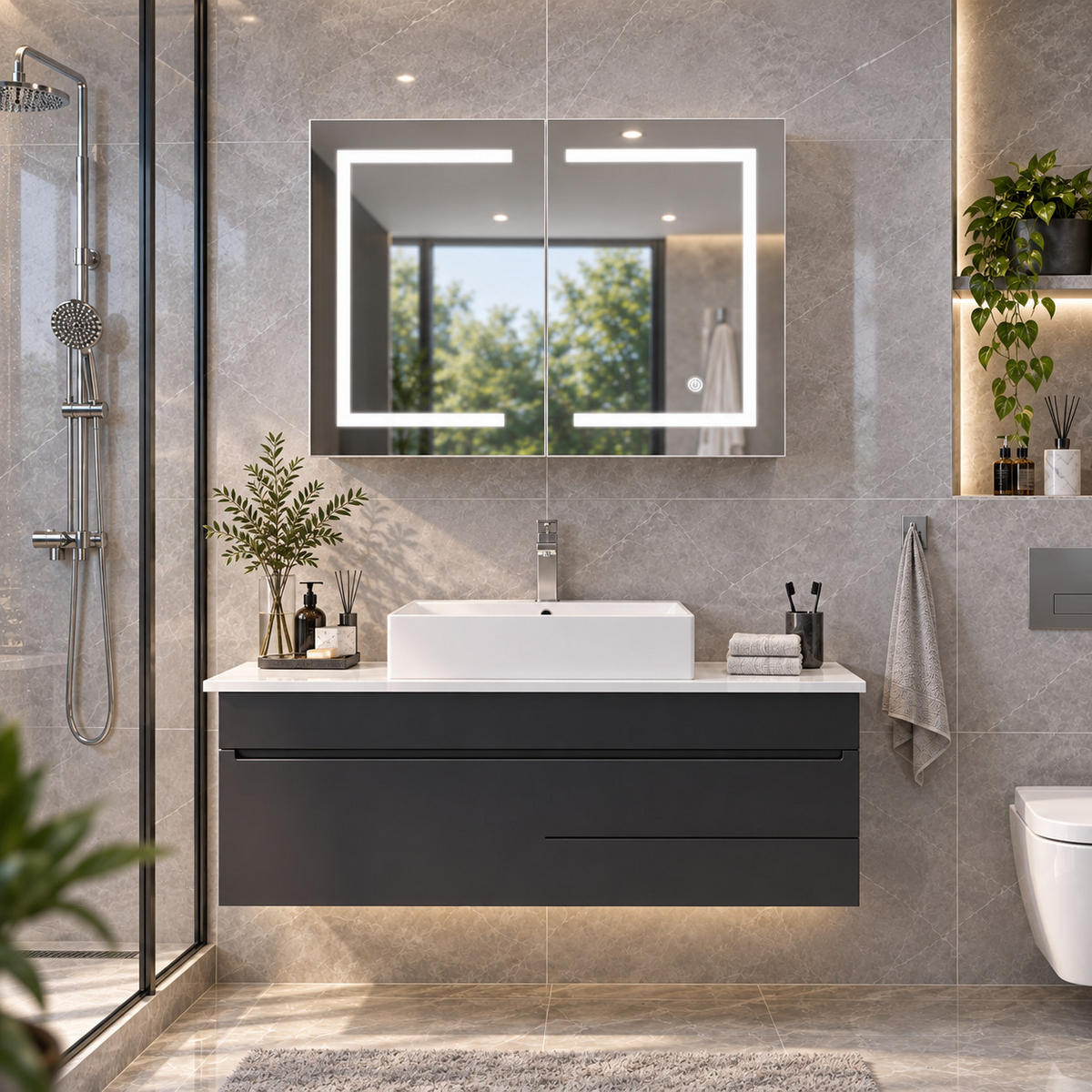 SPIEGELSCHRANK LED 80/60/13.5 cm mit Aufbewahrung, dimmbar, Touch-Schalter, moderner Badezimmer Spiegel mit Stauraum - Weiß, Glas (80/60/13.5cm) - Joyfair