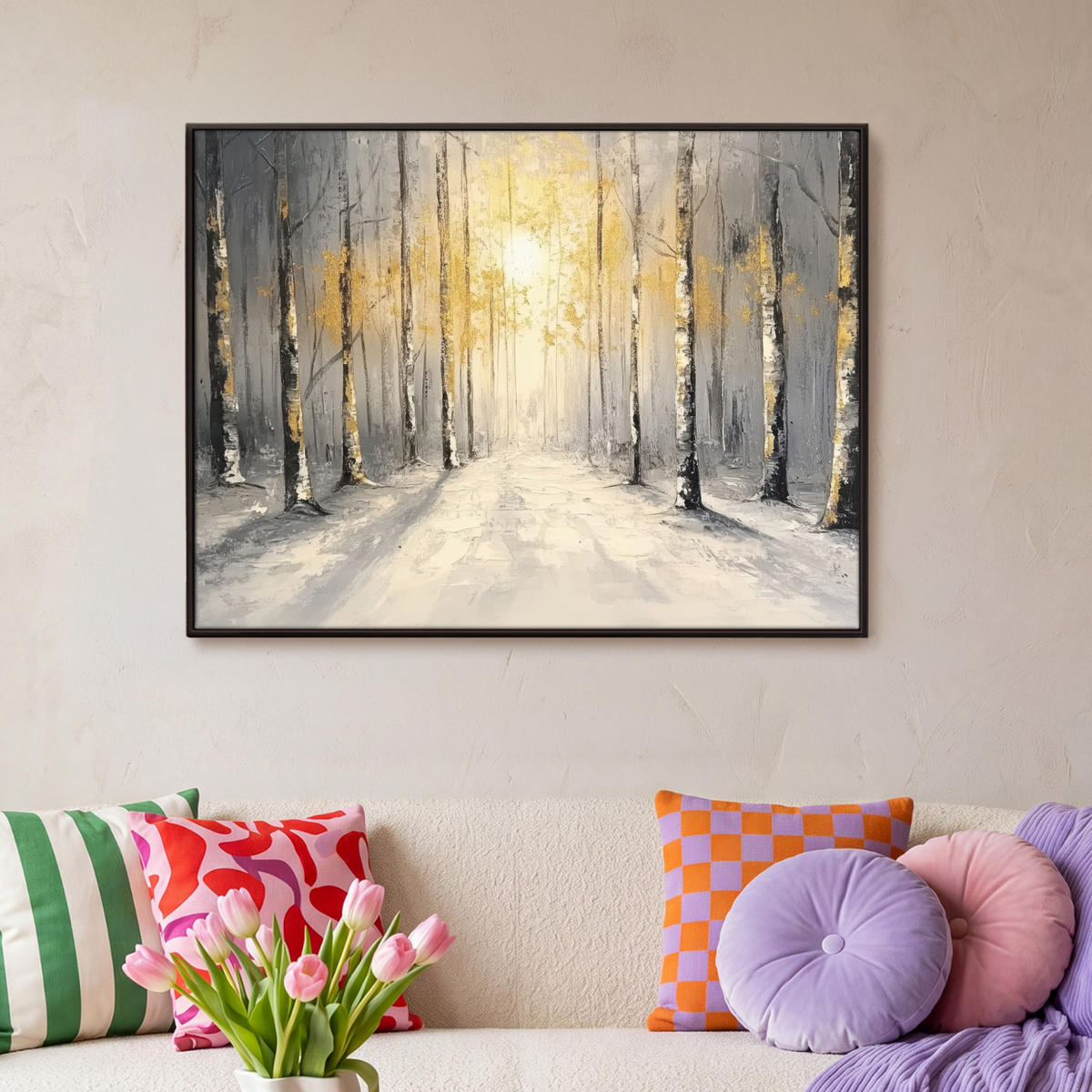 LEINWAND Bilder mit Rahmen - Winter - Abstrakt - Schnee - Natur - Sonne - 100x70 - Grau, Textil (100/70cm) - MuchoWow