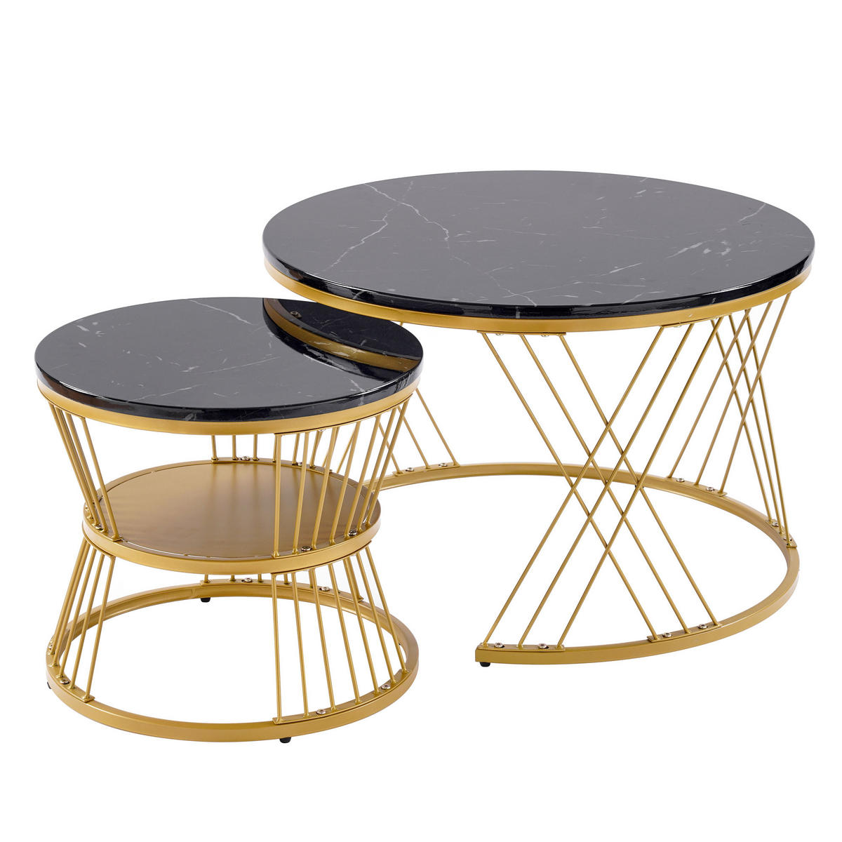 COUCHTISCH-SET 2-teilig 70/70/47 cm Schwarz in Marmoroptik mit Goldgestell platzsparend - Schwarz, Holzwerkstoff (70/70/45cm) - OKWISH