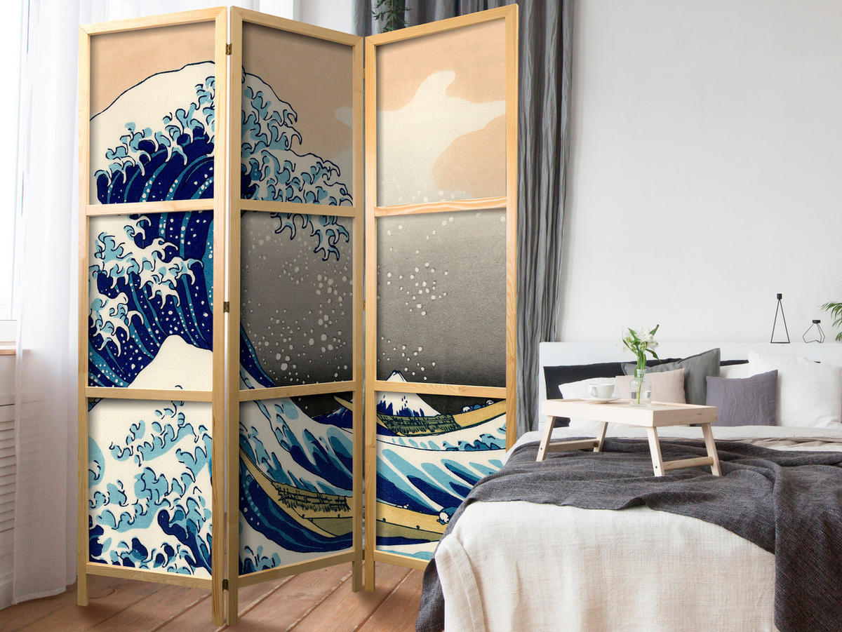 PARAVENT Japanischer 3-tlg 135x172 cm Meereswelle - Schwarz, Holz/Textil (135/172/3cm) - Muralo