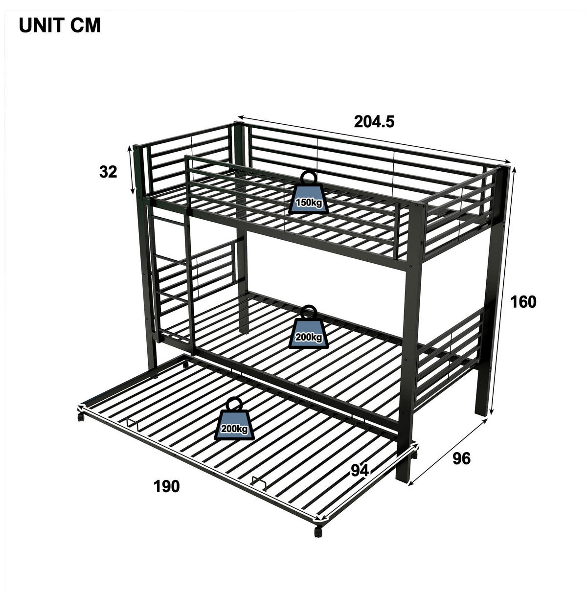 METALL-ETAGENBETT 90x200 cm in Schwarz mit Ausziehbett, Leiter und Rausfallschutz - Schwarz, Metall (90/200cm) - IVMEU