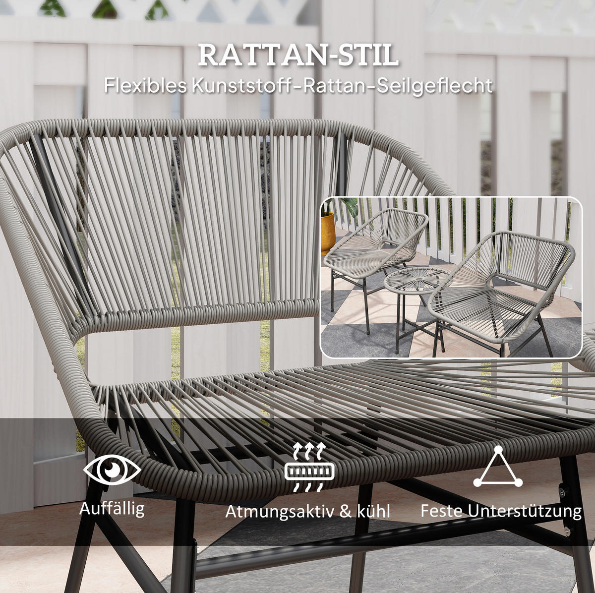 BALKONSET aus Rattan 3-teilig 45x45x46cm dunkelgrau mit Sitzkissen - Dunkelgrau, Naturmaterialen - Modfu