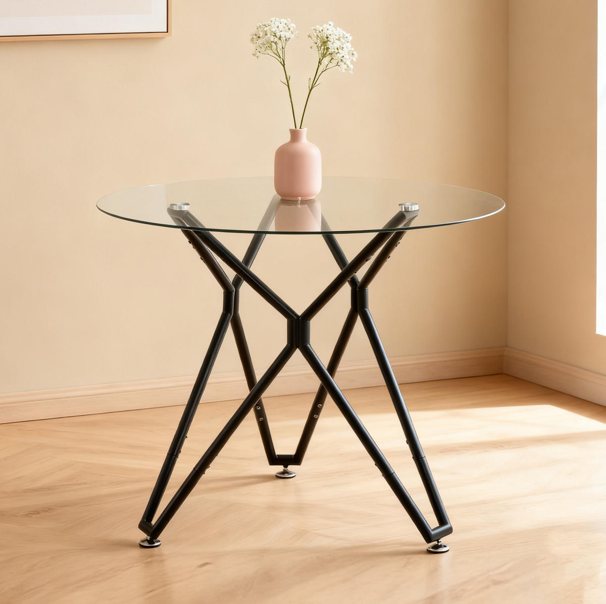 ESSTISCH Rund 90/90/78 cm Schwarz aus Glas mit Metallgestell - Schwarz, Glas (90/90/78cm) - OKWISH
